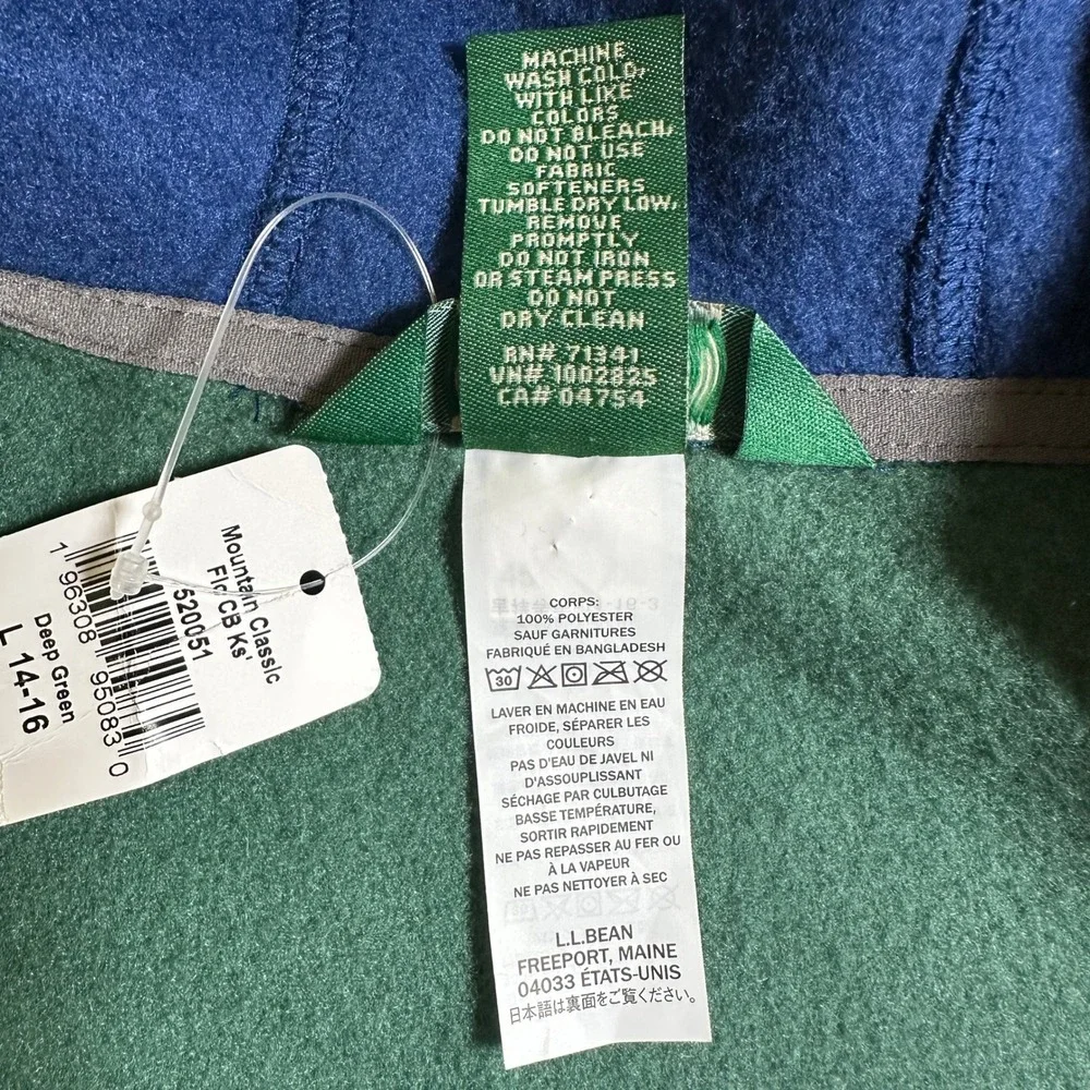 NWT LL Bean Kids Mountain Classic Fleece Hooded Jacket Colorblock Green L 14-16
